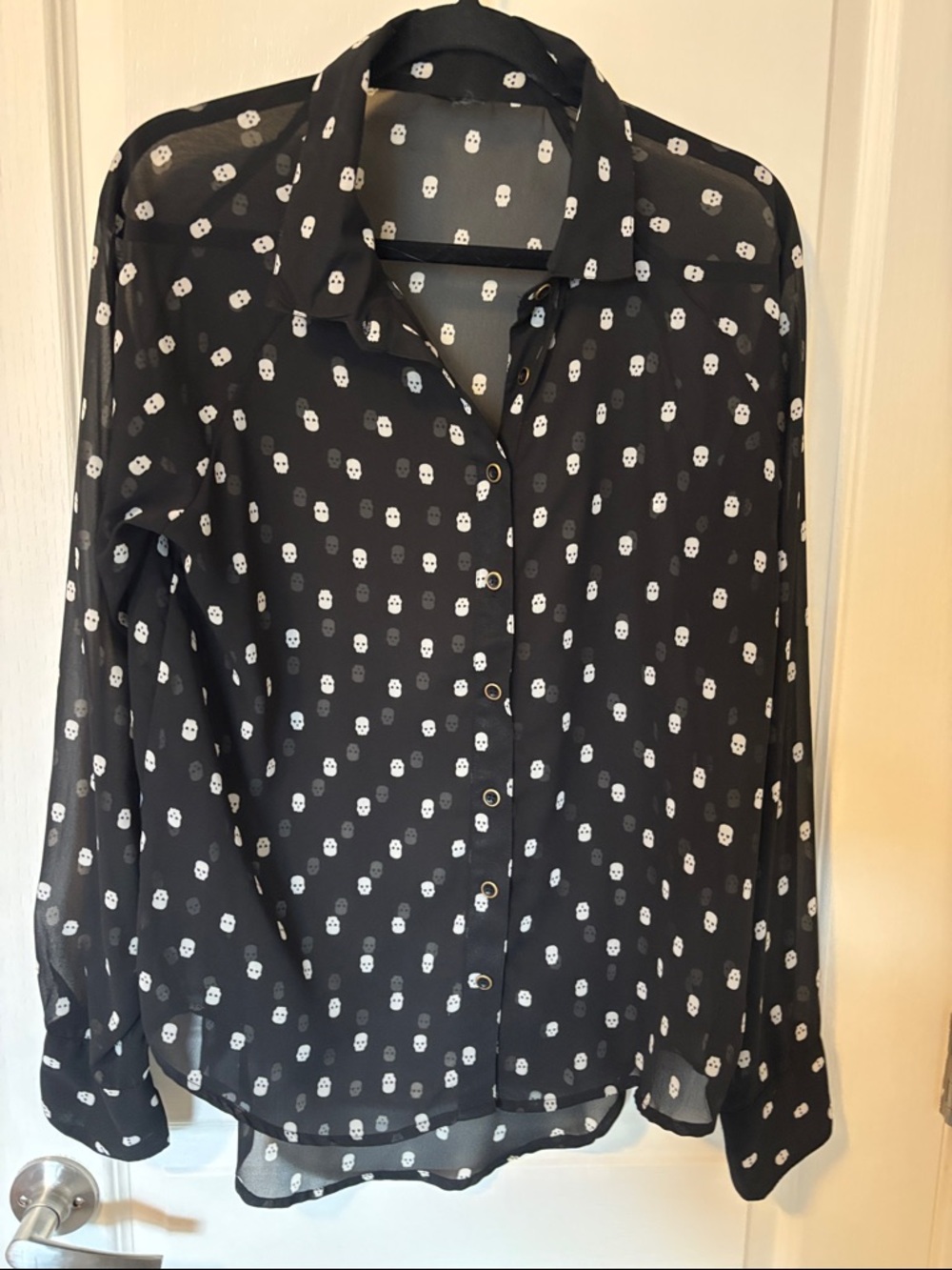 Black Sheer Skull Print Button-Up Blouse